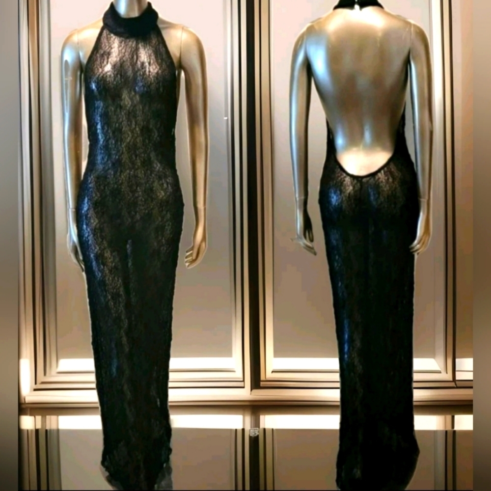 NWT Black Sexy Sheer Halter Neck Backless Bodycon Maxi Dress Sz S - Picture 3 of 9